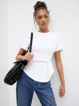 Cider - 100% Cotton Round Neckline Ruched Asymmetrical Hem Tee