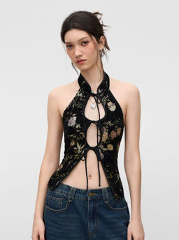 Cider - Jacquard Mandarin Collar Floral Tie Front Cut Out Tank Top