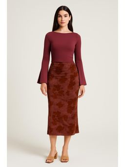 Cider - Boat Neck Long Sleeve Top & Mid Rise Floral Ruched Maxi Skirt