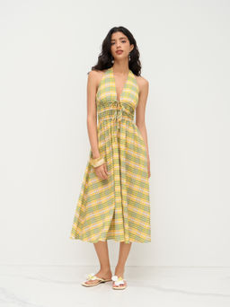 Cider - Halter Neckline Tartan Shirred Knotted Dress