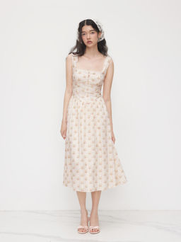 Cider - Cotton Square Neck Ditsy Floral Lace Up Dress