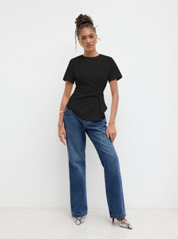 Cider - 100% Cotton Round Neckline Ruched Asymmetrical Hem Tee