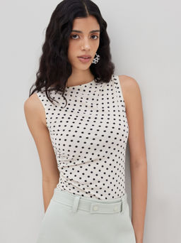 Cider - Boat Neck Polka Dot Ruched Bodysuit