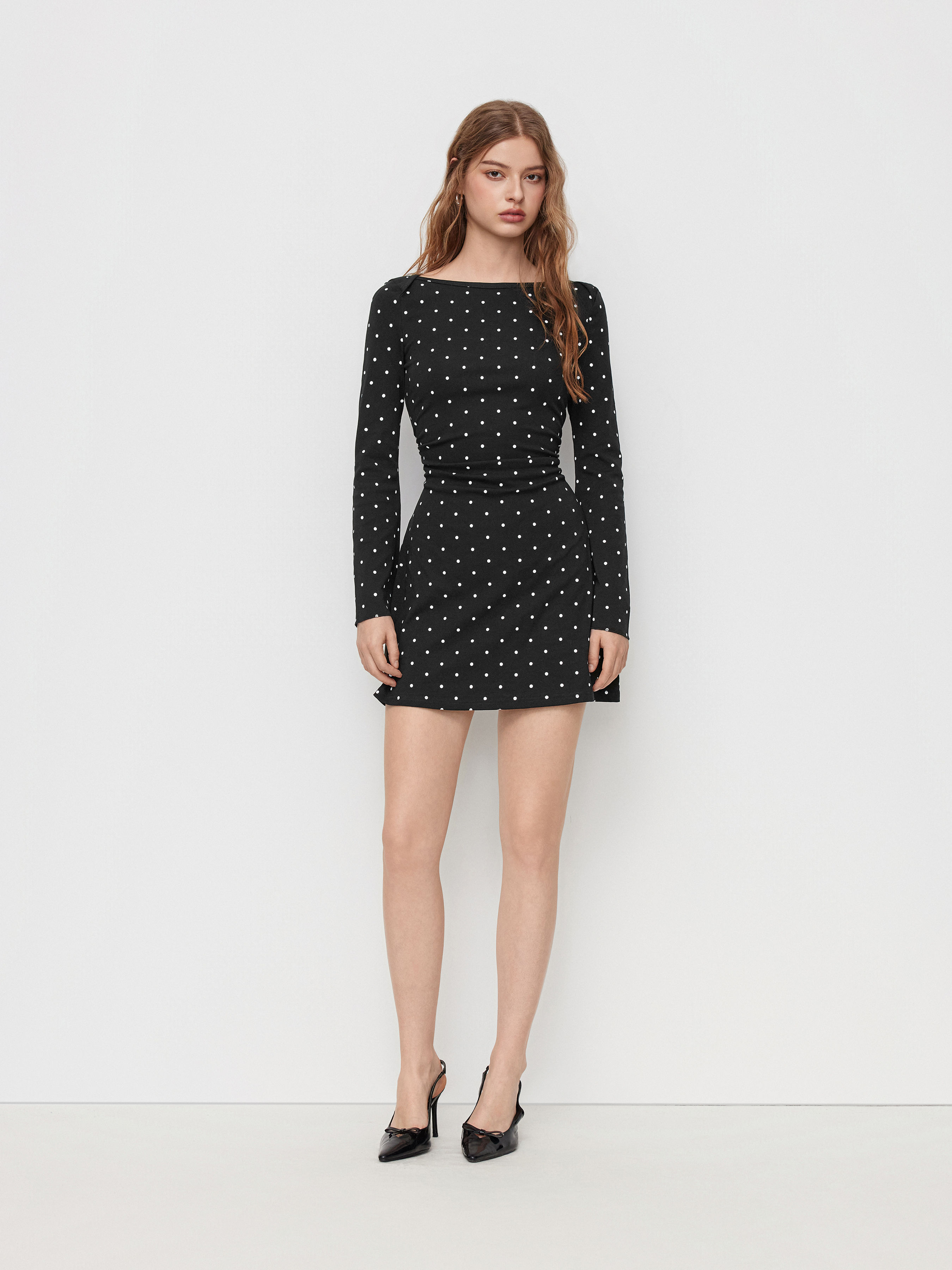 cider Cotton-blend Boat Neck Polka Dot Ruched Bell Sleeve Mini Dress-picture-14