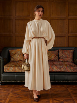 Cider - Stand Collar Pleated Cinched Waist Long Sleeve Dress