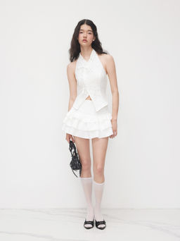 Cider - Lace Mandarin Collar Bowknot Split Tank Top