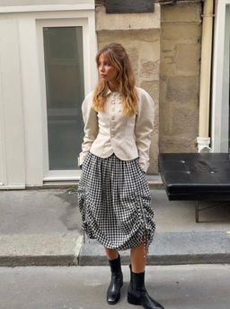 Cider - Multi-way 100% Cotton Mid Rise Gingham Drawstring Ruffle Hem Skirt