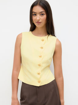 Cider - Linen-blend Boat Neck Starfish Button Tie Back Blazer Vest