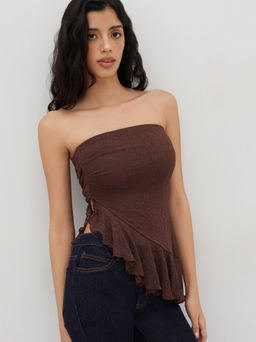 Cider - Mesh Texture Drawstring Ruffle Bandeau Top