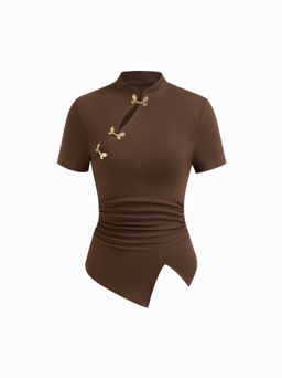 Cider - Mandarin Collar Ruched Split Top