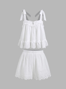Cider - Cotton Broderie Anglaise Lace Trim Bowknot Top & Mid Rise Elastic Waist Shorts
