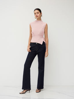 Cider - Stand Collar Texture Ruched Knotted Tank Top