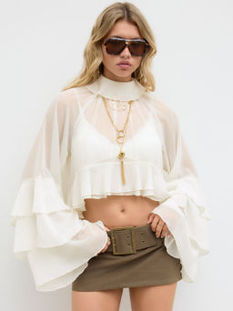 Cider - Chiffon High Neck Ruffle Dolman sleeve See-Through Crop Blouse