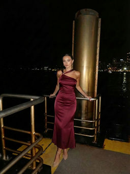 Cider - Satin Backless Buckle Bowknot Maxi Dress