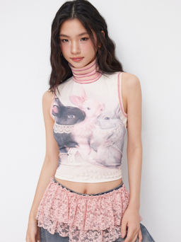 Cider - Cotton-blend Rabbit Graphic Striped High Neck Tank Top