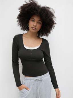 Cider - Square Neck Lace Trim Two Tone Long Sleeve Top