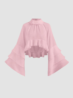 Cider - Chiffon High Neck Ruffle Dolman sleeve See-Through Crop Blouse