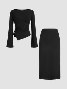 Cider - Boat Neck Drawstring Asymmetrical Hem Top & Mid Rise Maxi Skirt Set