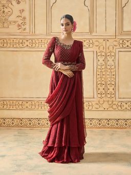 Fiorebymalar - Maroon Embroidered Ishara Draped Dress with Dupatta