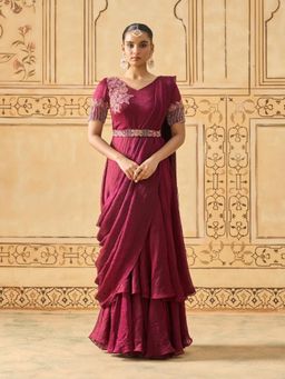 Fiorebymalar - Burgundy Embroidered Nyra Draped Dress With Belt & Dupatta