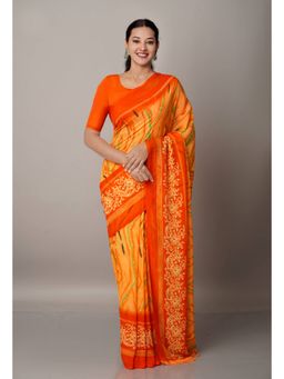 Unnati Silks - Orange Fancy Block Printed Georgette Saree with Unstitched Blouse