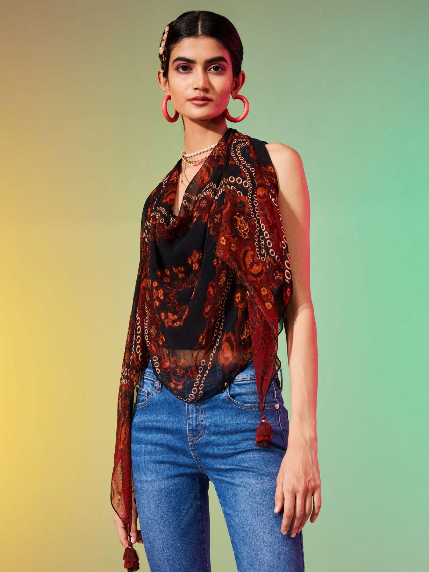Brown Dew Drops Printed Scarf-picture-14