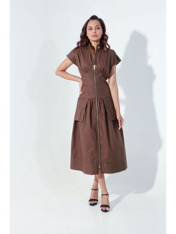 Echke - Chocolate Brown Midi Dress with Quilting Feature and Zipper Placket