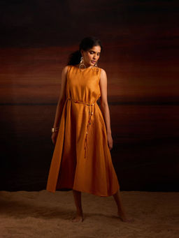 dhaaga - Orange Sira Solid Dress with Belt (Set of 2)
