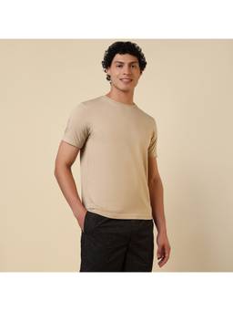 Sleepz by Raymond - Regular Fit Solid Light Beige T-Shirt