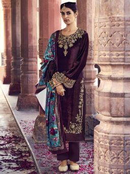 Stylee LIFESTYLE - Wine Velvet Embroidered Dress Material