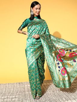 Odette - Silk Blend Teal Green Woven Designer Saree with Unstitched Blouse