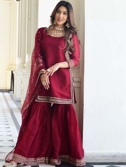 Lavanya The Label - Maroon Organza Kurta And Sharara Set (Set of 3)