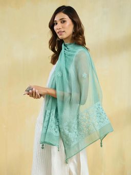 Fabindia - Teal Cotton Silk Chikankari Stole
