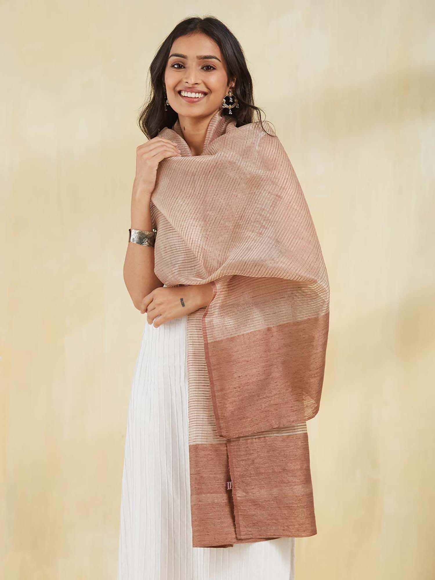 fabindia Beige Silk Hand Woven Stole-picture-29