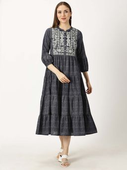 Saffron Threads - Grey Embroidered Midi Dress
