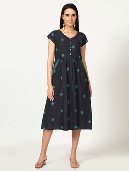 Saffron Threads - Navy Blue Geometric Midi Dress