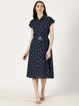 Saffron Threads - Navy Blue Printed Midi Dress with Belt Set Size ()