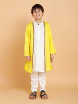 PICCOLO - Cream Kurta Pyjama with Yellow Jacket (Set of 3)