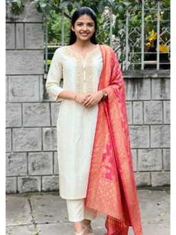 Kedar Fab - Women Off White Woven Embroidered Kurta with Pant and Dupatta