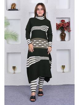 KNITZY - Women Green Stripes Woven Kurta with Pant
