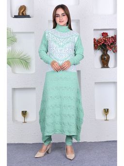 KNITZY - Women Green Floral Woven Kurta with Pant