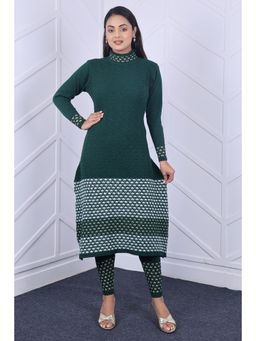 KNITZY - Women Green Self Design Woven Kurta with Pant
