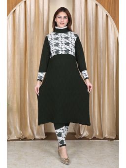 KNITZY - Women Green Self Design Woven Kurta with Pant