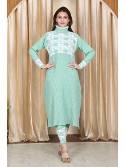 KNITZY - Women Green Self Design Woven Kurta with Pant
