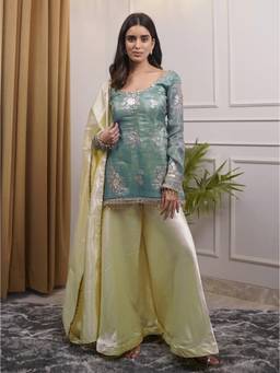 Kedar Fab - Women Blue Embroidered Sequined Work Short Kurti with Palazzo and Dupatta