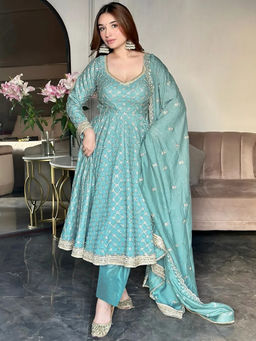 Kedar Fab - Women Blue Embroidered Sequined Work Anarkali Kurta with Pant and Dupatta