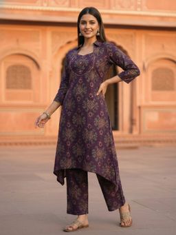 FASHOR - Women Purple Floral Printed Kurta with Pant