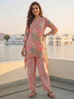 FASHOR - Women Peach Printed Embroidered Co-Ord Set