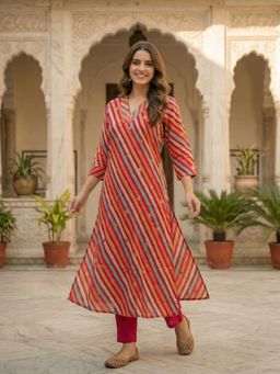 FASHOR - Women Multi-Color Printed Leheriya Kurta with Pant