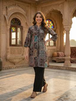 FASHOR - Women Black Printed Tassels Kurta with Pant